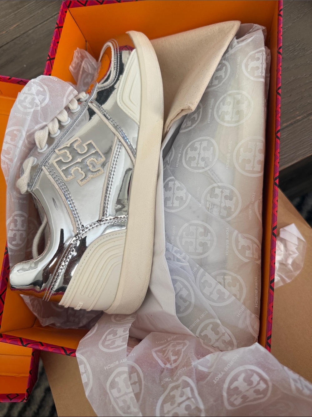 Tory Burch Silver Patent Logo Sneakers with Cream Soles